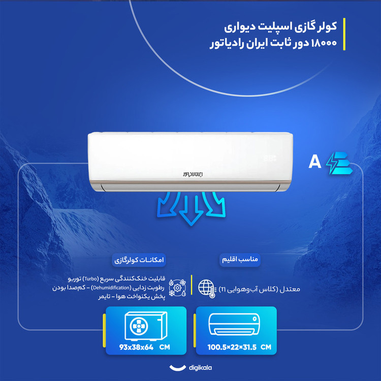 کولر گازی اسپلیت دیواری 18000 دور ثابت ایران رادیاتور معتدله روتاری T1 مدل IRAN RADIATOR ICA-18CH-A/XA/AA
