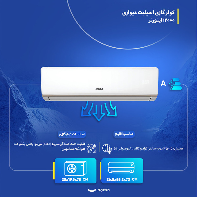 کولر گازی اسپلیت دیواری 12000 اینورتر روتاری معتدلهT1 ایران رادیاتور مدل IRAN RADIATOR IAC-12CH/XA-I/A/ID